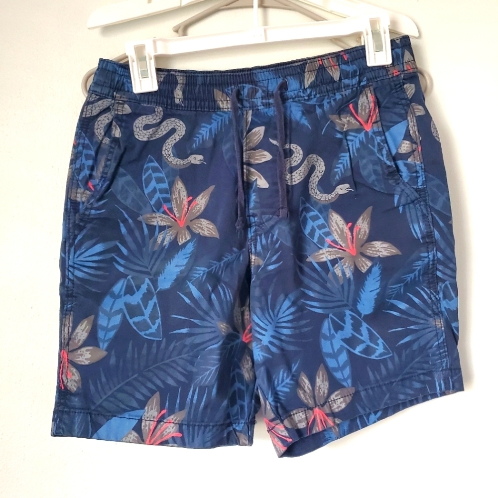 Hollister Floral Beachy Hawaiian Serpent Navy Printed Tie Waist Board Shorts